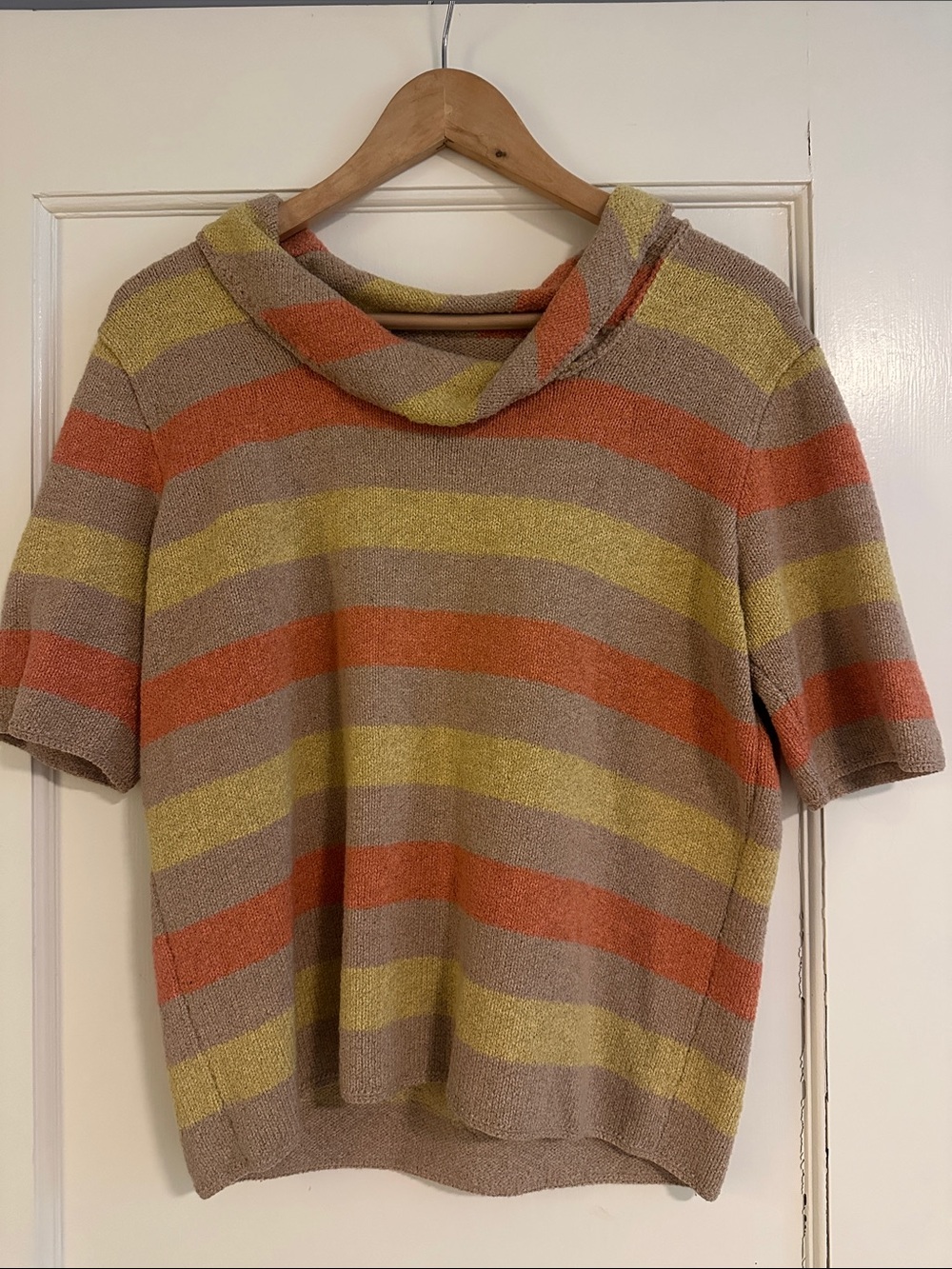 Short-Sleeve Cowl-Neck Sweater in Beige with Orange & Yellow Stripes